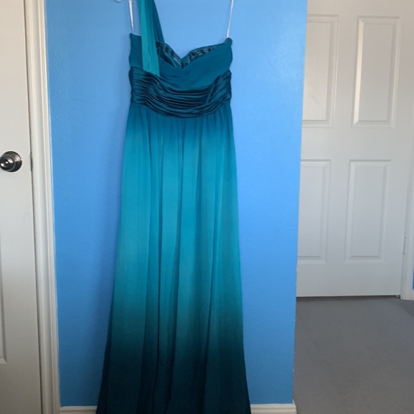 Cindy Blue Teal Ombré One Shoulder Flowy Formal Prom Dress - Picture 3 of 7
